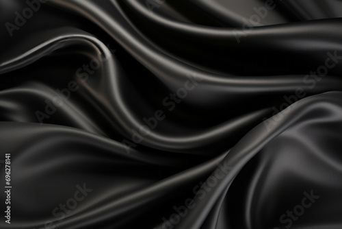 Black satin fabric with a smooth flowing texture. background. Silky textured, minimalist and abstract, dark grey.