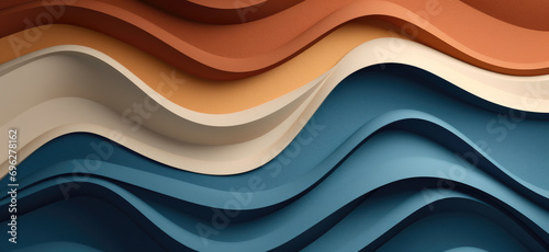 Layered waves of paper in earthy tones cascade rhythmically, creating a serene, abstract pattern reminiscent of geological strata or calm seas. photo