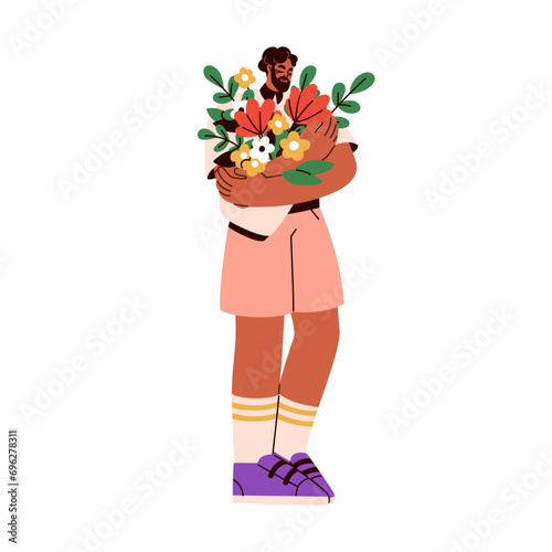 Man holding flower bouquet in hands. Happy male character standing with flora...