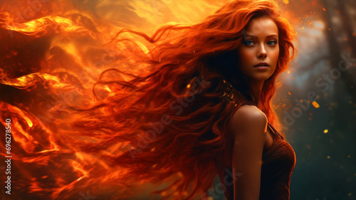 Beautiful young woman with long red hair on a background of fire photo