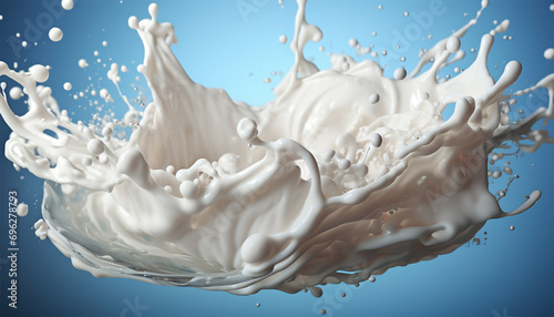 Milk splash isolated on blue grey background. Natural dairy product  yogurt or cream in crown splash with flying drops. Realistic illustration close up  Copy space