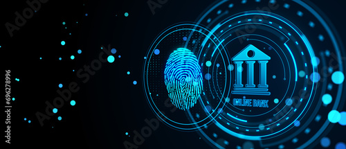Creative banking hologram in blue circle on dark wide background with fingerprint. Finance, online bank and digital money concept. 3D Rendering. photo