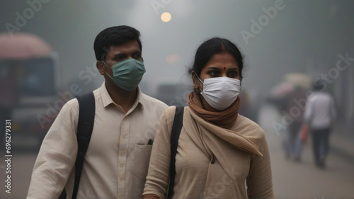 A man and a woman walking on the streets of Delhi wearing mask. photo