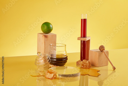 Honey fills a test tube, set against blank platforms, fresh lemons, and raw beeswax on a yellow backdrop. Embrace the healthful synergy of lemon and honey in this vibrant display.