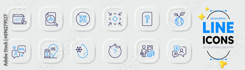 Qr code, Freezing water and Consulting line icons for web app. Pack of Save planet, Petrol station, Accounting pictogram icons. Minimize, Analytics graph, Unknown file signs. Support chatQuiz. Vector
