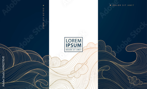 Vector set of luxury labels, wave tags in line japanese style. Elegant fancy banners, package for wine, soap, cosmetics. Golden on black covers, shapes, posters