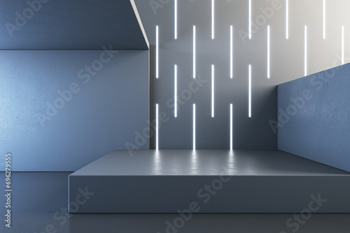 Fototapeta Naklejka Na Ścianę i Meble -  Modern gray concrete interior with podium and linear lamps on wall. 3D Rendering.