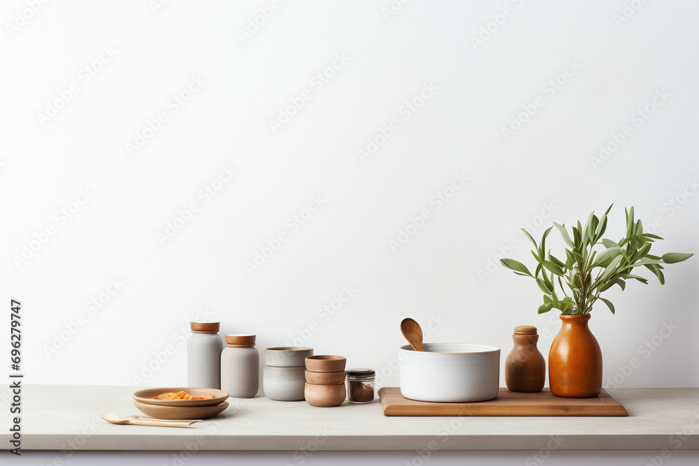 Fototapeta premium Minimalistic home decor with wooden shelves, olive tree