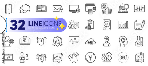 Outline set of Web system, Puzzle and Search employee line icons for web with Yen money, Open door, Chemistry lab thin icon. Swipe up, Monitor settings, Column chart pictogram icon. Vector