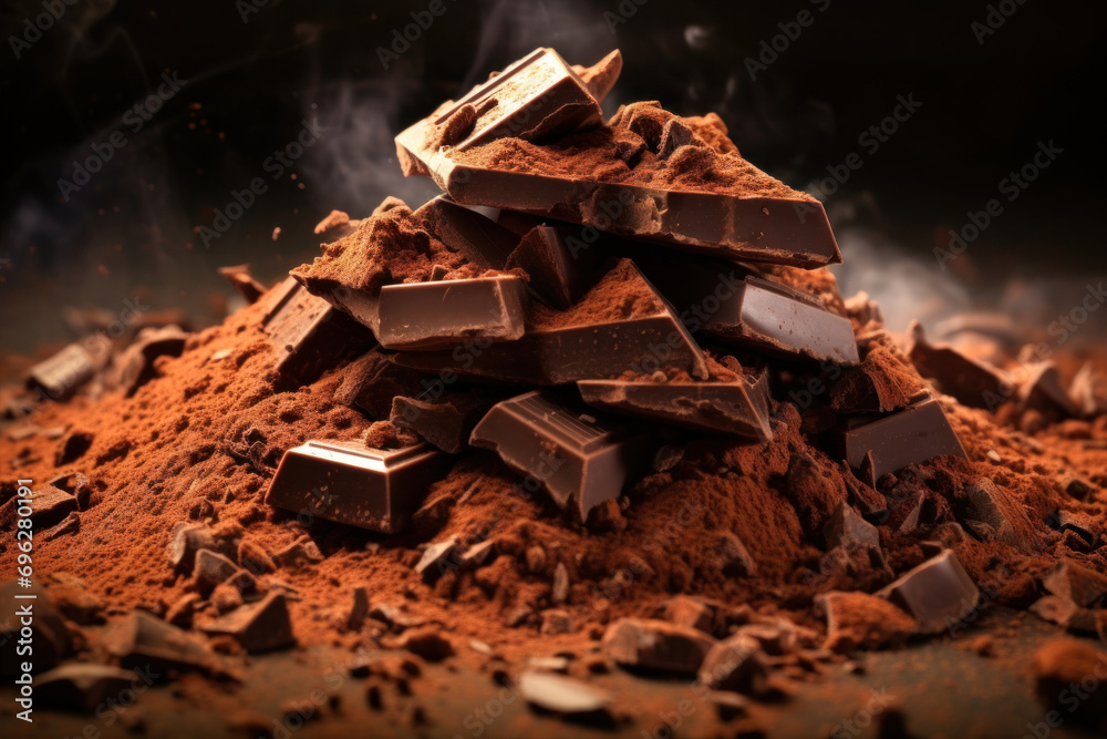 Cocoa powder with pieces of chocolate on dark background. Cocoa powder with pieces of chocolate on dark background.