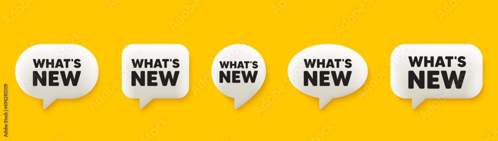 Whats new tag. 3d chat speech bubbles set. Special offer sign. New arrivals symbol. Whats new talk speech message. Talk box infographics. Vector - obrazy, fototapety, plakaty 