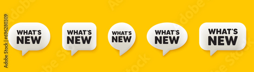 Whats new tag. 3d chat speech bubbles set. Special offer sign. New arrivals symbol. Whats new talk speech message. Talk box infographics. Vector