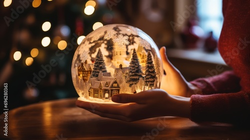  A women holding a snow globe with a miniature snowy village scene inside, illuminated and sparkling