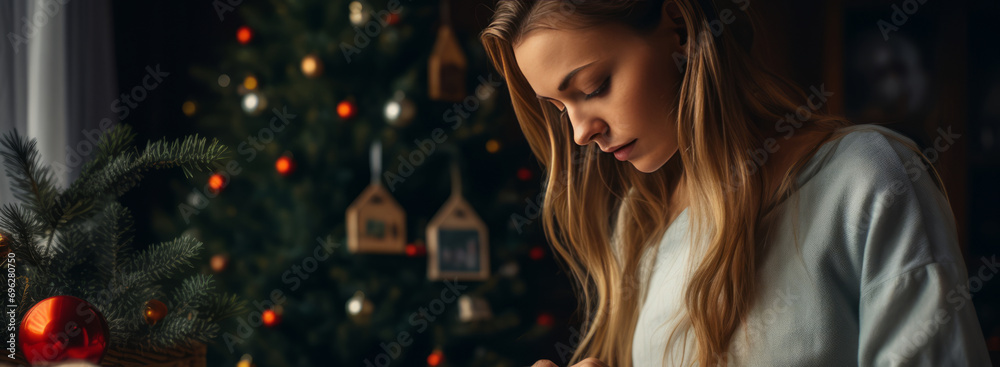 Women near a decorated Christmas tree with lights and ornaments,independent woman side hustle