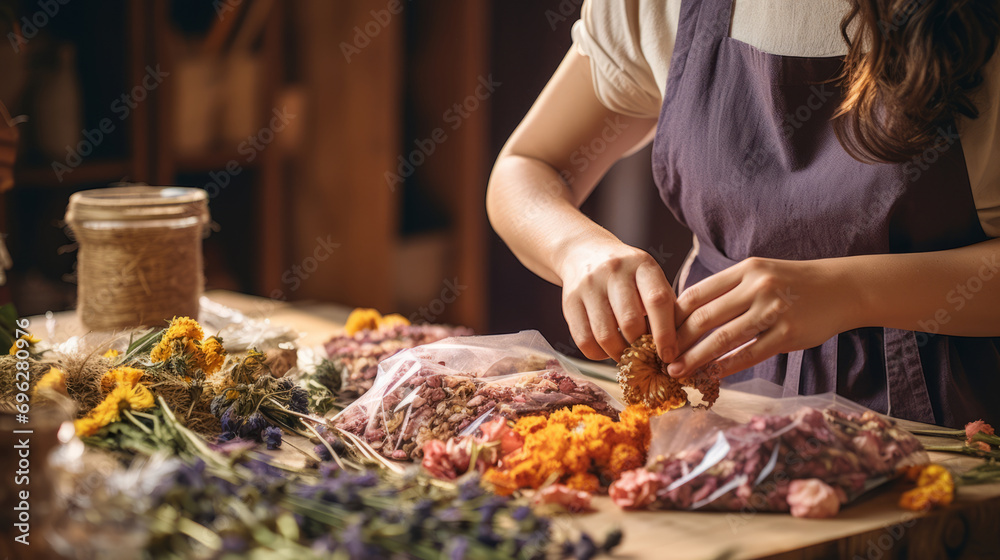 Woman arranging dried flowers on table for decoration or herbal use strong independent woman side hustle