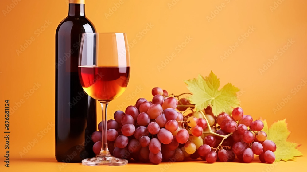 copy space, stockphoto, National Wine Day greeting card, grapes fruit with a glass of wine and a bottle. Glass filles with wine, some grapes and a winebottle.