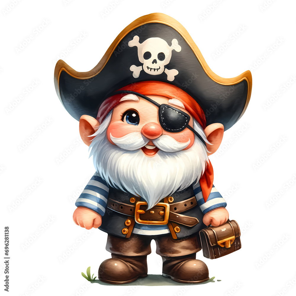 Fototapeta premium Cute Gnome Pirate Watercolor Clipart Illustration