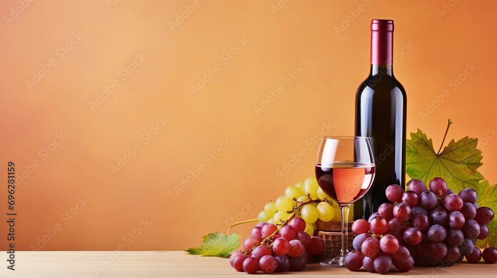 Obraz premium copy space, stockphoto, National Wine Day greeting card, grapes fruit with a glass of wine and a bottle. Glass filles with wine, some grapes and a winebottle.