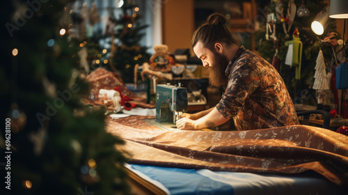 Man sewing fabric near decorated Christmas tree and gifts Profitable Side hustle