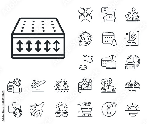 Orthopedic flexible pad sign. Plane jet, travel map and baggage claim outline icons. Mattress line icon. Breathable sleep bed symbol. Flexible mattress line sign. Vector