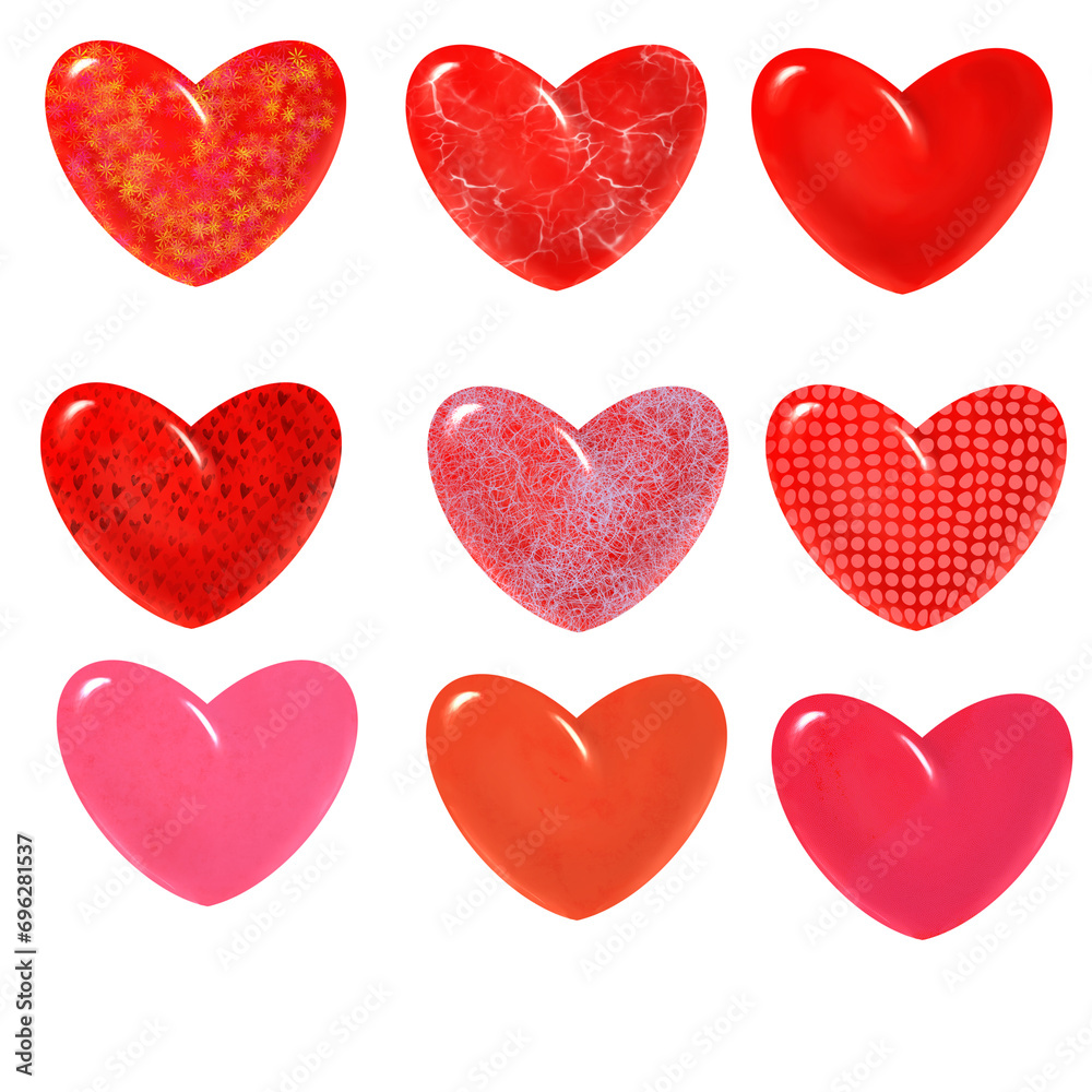 Set of isolated texture hearts. Volumetric, different colors, glossy, shiny, 3D effect, red, pink, beige, transparent background