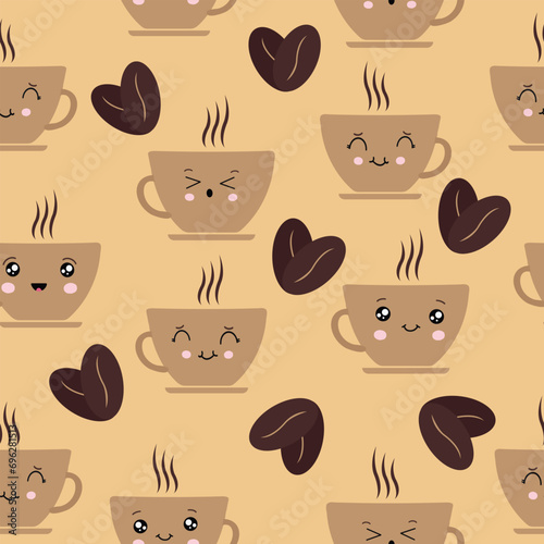 Cute seamless vector pattern in Kawaii style with espresso cup and coffee beans. Lovely repeatable smiling coffee cup print, perfect for wrapping paper, fabric, textiles. Vector. Vector illustration