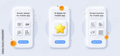 Repair document, Open box and Maze attention line icons pack. 3d phone mockups with star. Glass smartphone screen. Ranking stars, Education idea, Private payment web icon. Vector