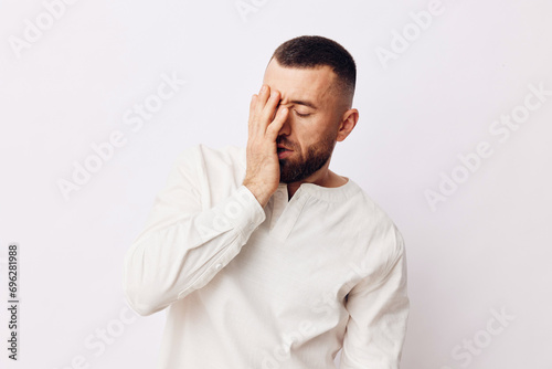 Isolated man sad adult expression unhappy person depressed hand man background stress white face © SHOTPRIME STUDIO