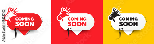 Coming soon tag. Speech bubble with megaphone and woman silhouette. Promotion banner sign. New product release symbol. Coming soon chat speech message. Woman with megaphone. Vector