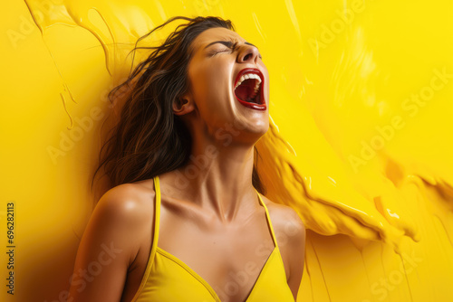 a woman screaming on yellow background