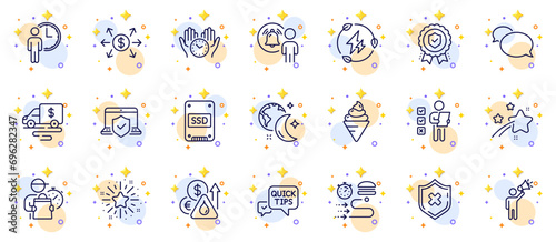 Outline set of Messenger, Cash transit and Ssd line icons for web app. Include Delivery man, Insurance medal, Twinkle star pictogram icons. Dollar exchange, Falling star, Food delivery signs. Vector