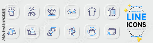 Dry t-shirt, No handbag and Love glasses line icons for web app. Pack of Cut, Discounts calendar, Baggage pictogram icons. Furniture, Wallet, Discount signs. Diamond, Skirt, T-shirt. Vector
