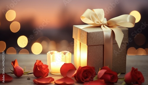 Romantic valentine's day. red roses and gifts close-up on a wooden surface