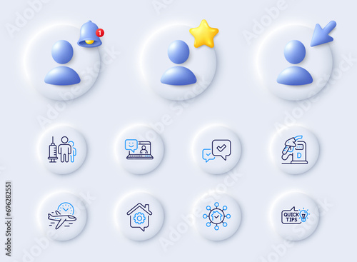 Home facility, Approve and Smile line icons. Placeholder with 3d cursor, bell, star. Pack of Education idea, Diesel station, Flight time icon. Work home, Medical vaccination pictogram. Vector