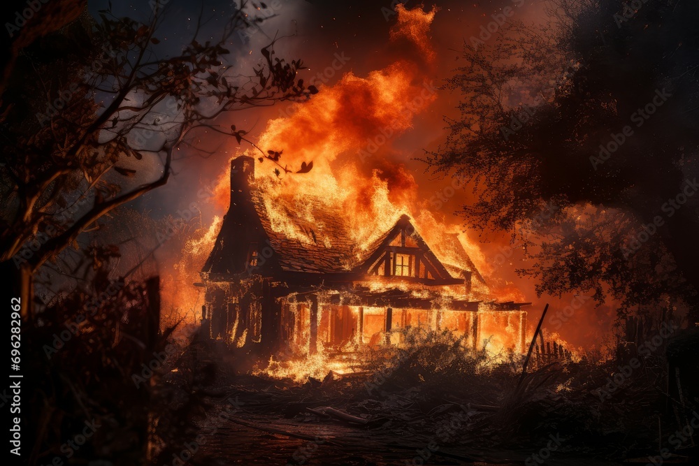 Engulfed House in fire. Damage smoke rescue. Generate Ai Engulfed House in fire. Damage smoke rescue. Generate Ai