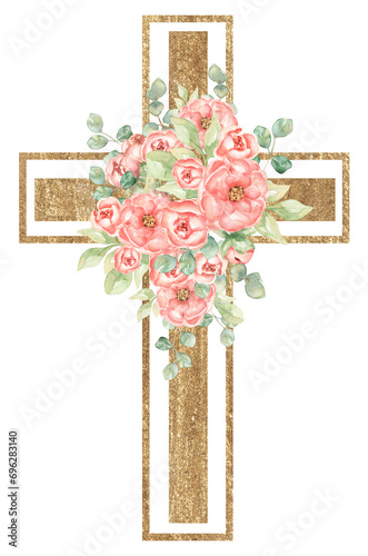 Watercolor hand painted pink florals Cross Clipart, Easter Religious flowers illustration, Baptism Cross clip art, Holy Spirit clipart, golden frame