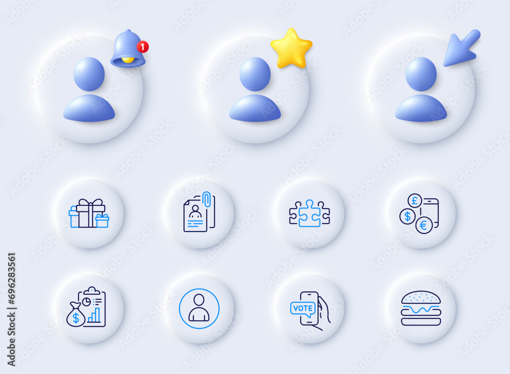 Naklejka premium Avatar, Puzzle and Report line icons. Placeholder with 3d cursor, bell, star. Pack of Interview documents, Burger, Currency rate icon. Online voting, Holiday presents pictogram. Vector