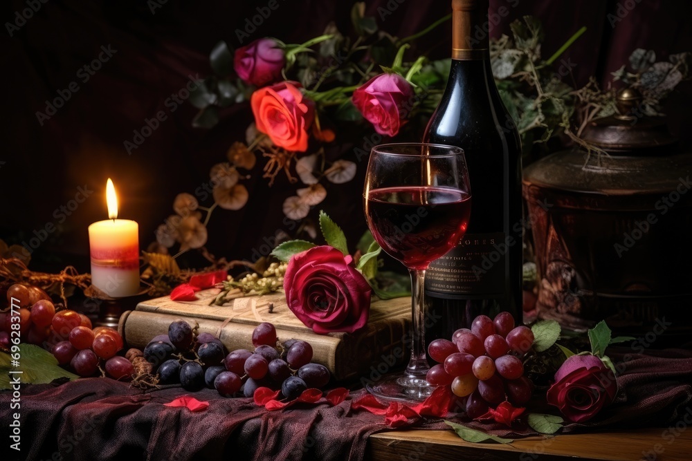 Romantic valentine's day dinner. Wine, red roses and two glasses close-up on a wooden surface