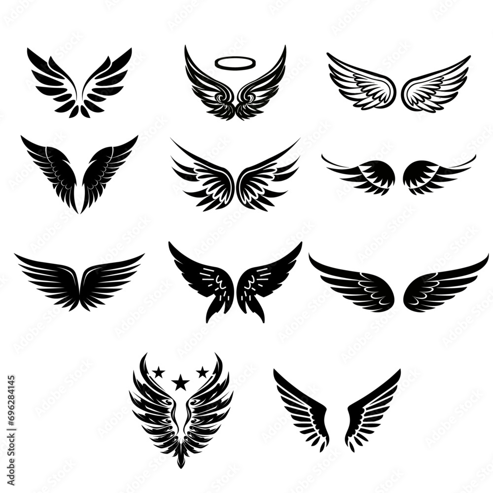Wings with feathers. Angel or bird wing flat black icon set vector image - obrazy, fototapety, plakaty 
