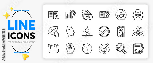 Fair trade, Incubator and Wifi line icons set for app include Waterproof, Fraud, Vitamin a outline thin icon. Report, Copyright, Meditation eye pictogram icon. Organic tested. Vector