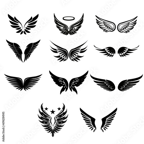 Wings with feathers. Angel or bird wing flat black icon set vector image photo