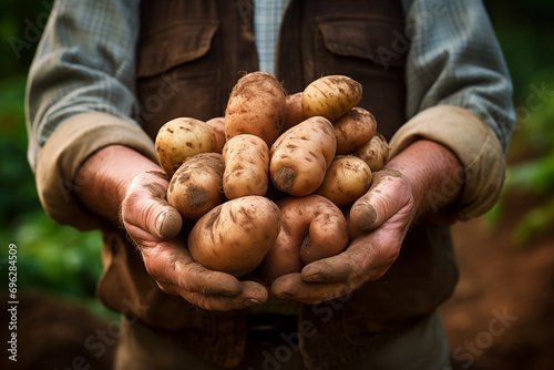 Male hands holding fresh potatoes - Generative AI