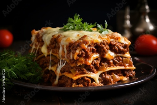 Rich Lasagna beef cheese. Food sauce meat. Generate Ai