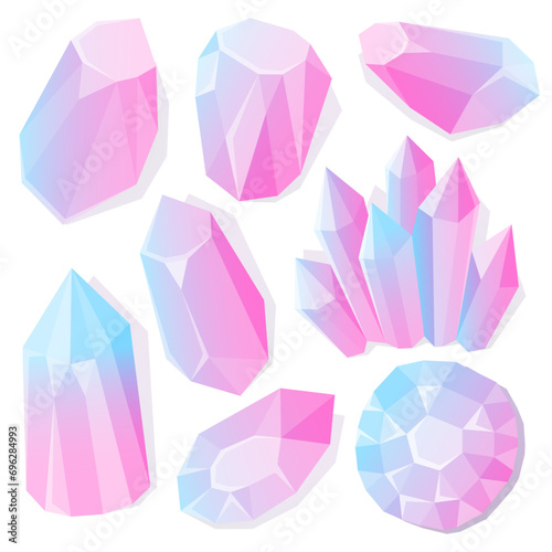 Set of beautiful mystical diamonds. Light blue and pink crystals. Gemstones on white background. Geometric shapes. Rhinestones. Magic and esoteric stones. Amethyst, precious stones, treasures.