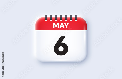 Calendar date 3d icon. 6th day of the month icon. Event schedule date. Meeting appointment time. 6th day of May month. Calendar event reminder date. Vector