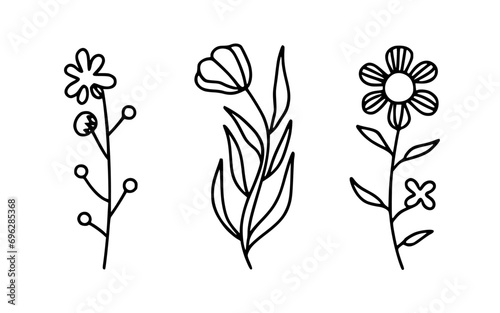 Abstract line art flowers vector clipart. Spring illustration.