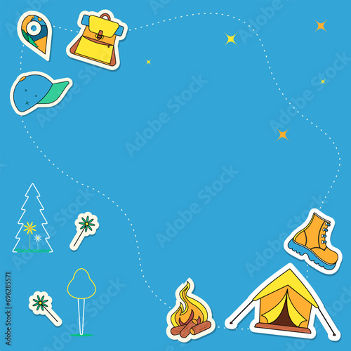 Background for hiking with bright stickers like a tent, campfire, boots, pin, backpack, cap, and place for text. Travel, journey, cartoon vector illustration. 