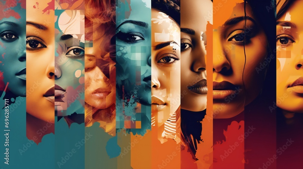 Collage woman art design. Diverse woman portraits separated by bold colors. - obrazy, fototapety, plakaty 