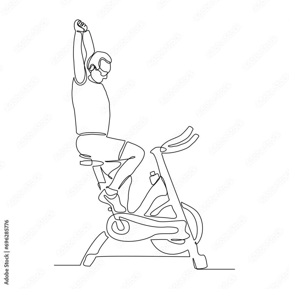 Continuous single line sketch drawing of athletic man riding static bicycle at gym for speed endurance training. One line art of fitness sport healthy activity vector illustration 