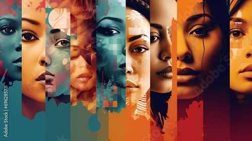 Collage woman art design. Diverse woman portraits separated by bold colors. photo